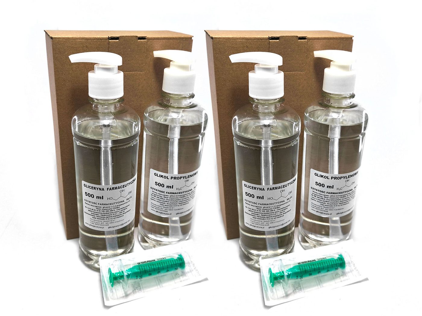 Podwójny zestaw BARTEX: dwie butelki gliceryny farmaceutycznej po 500 ml, dwie butelki glikolu propylenowego po 500 ml, dwie strzykawki 10 ml i dwa kartony