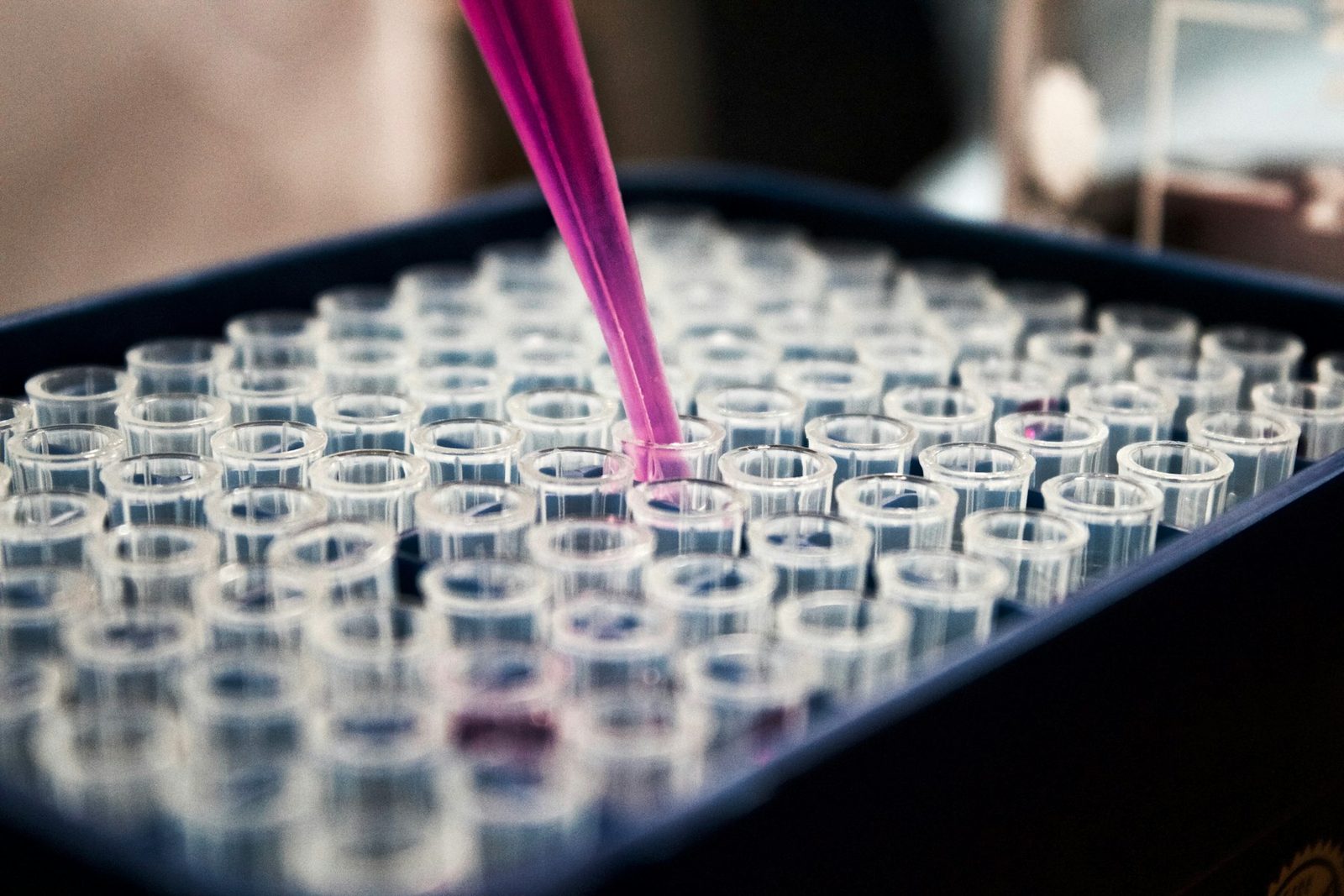 Pipeta nad rzędem laboratoryjnych fiolek.